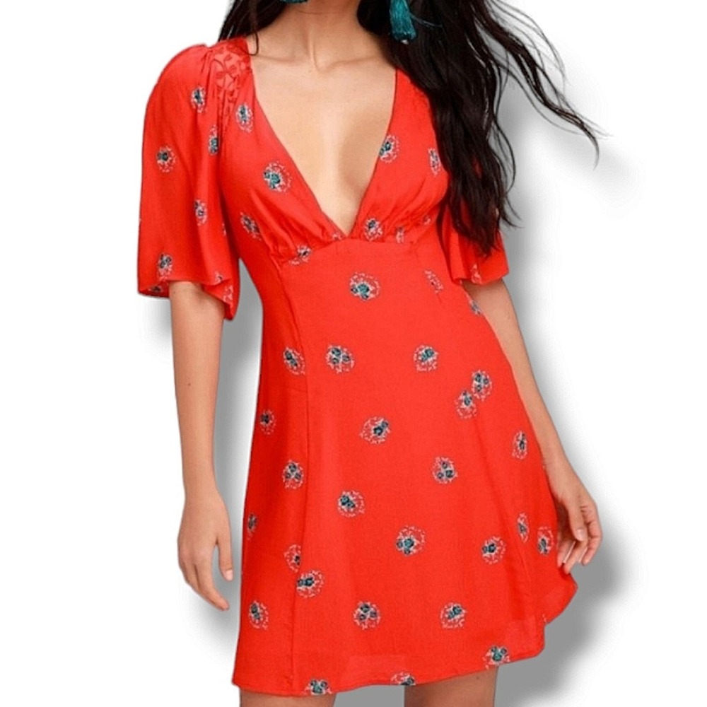 Free People Mockingbird Orange Red Floral Puff Sleeve Mini Dress Size 2